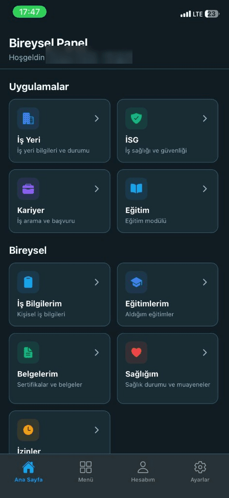 Bireysel mobil panel