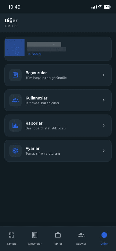 İK mobil diğer menü