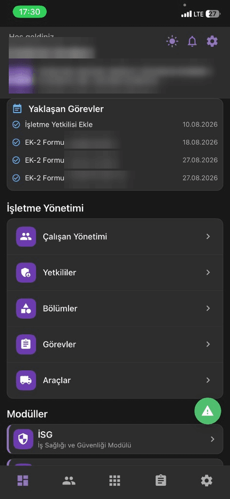 İşletme mobil ana ekran (koyu tema)