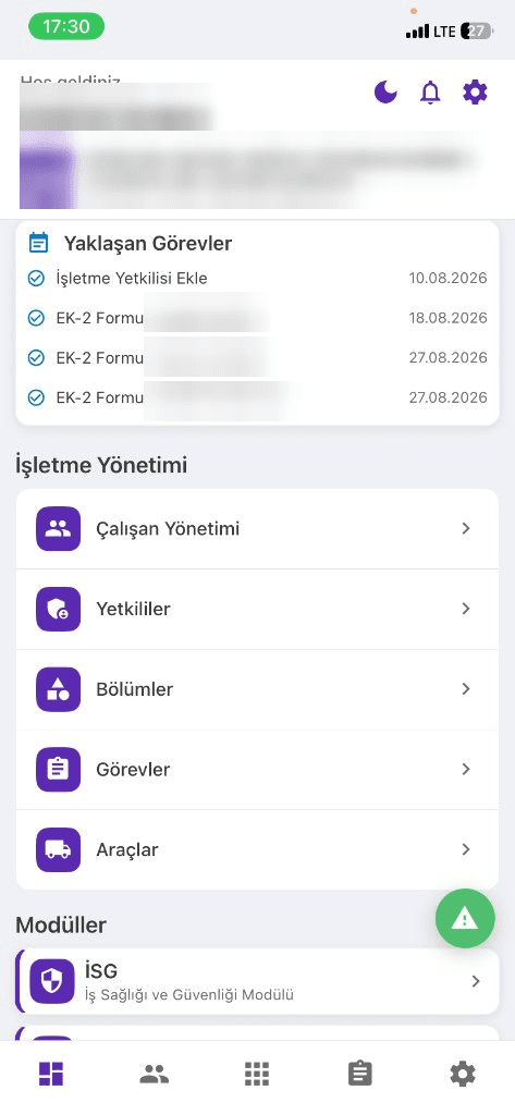 İşletme mobil ana ekran