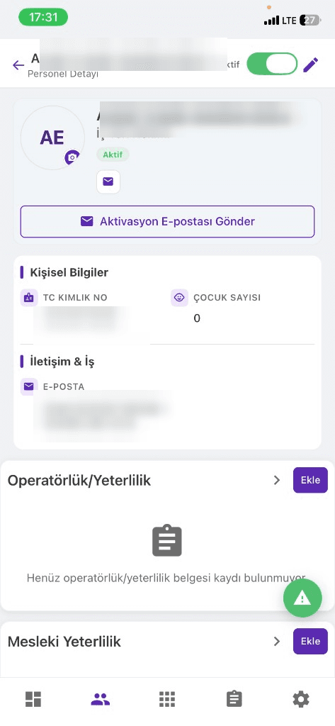 İşletme mobil personel kartı