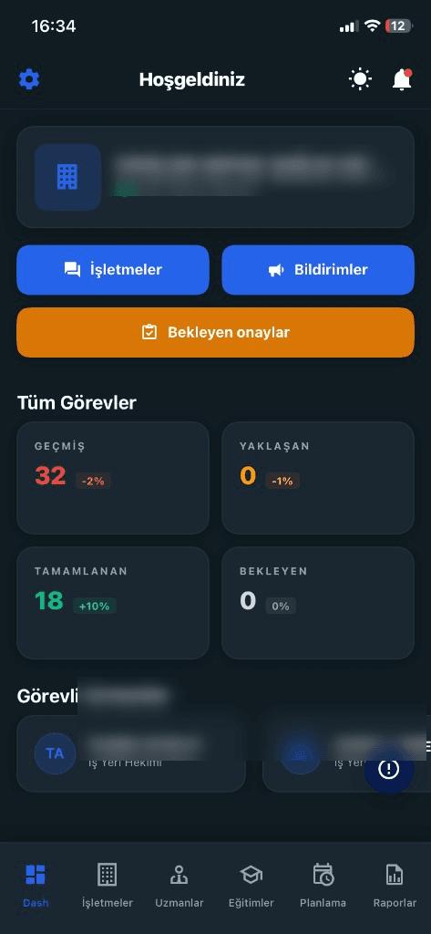 OSGB mobil ana ekran (koyu tema)