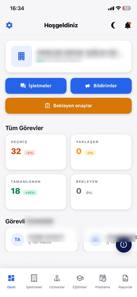 OSGB mobil ana ekran