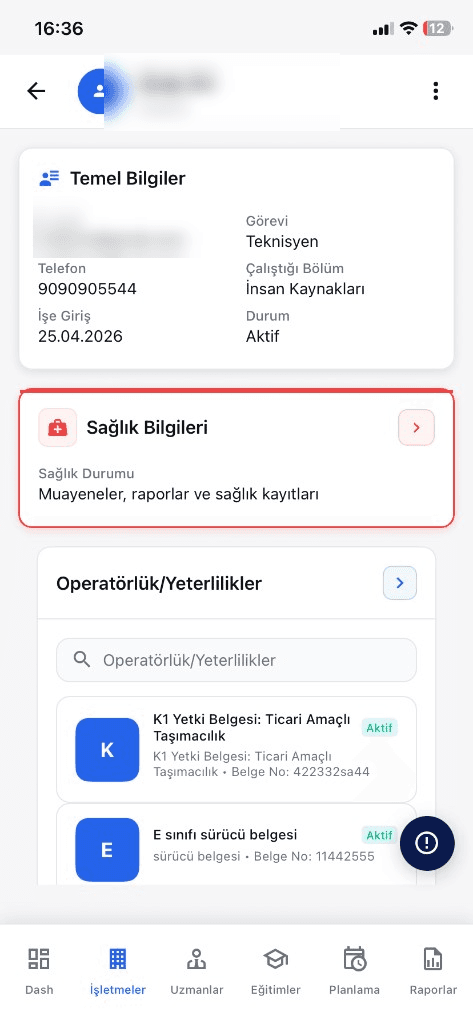 OSGB mobil personel kartı