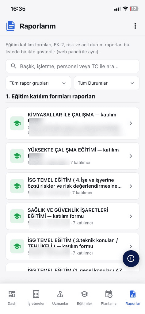 OSGB mobil raporlar
