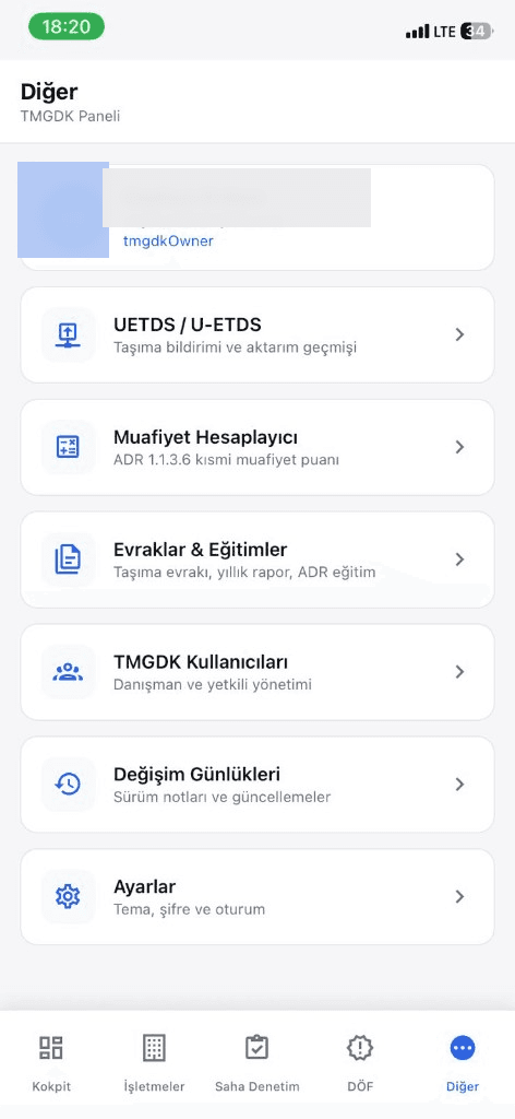 TMGD mobil diğer menü